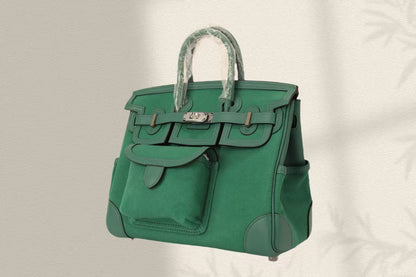 BIRKIN CARGO 25CM GREEN CANVAS AND LEATHER SILVER HARDWARE