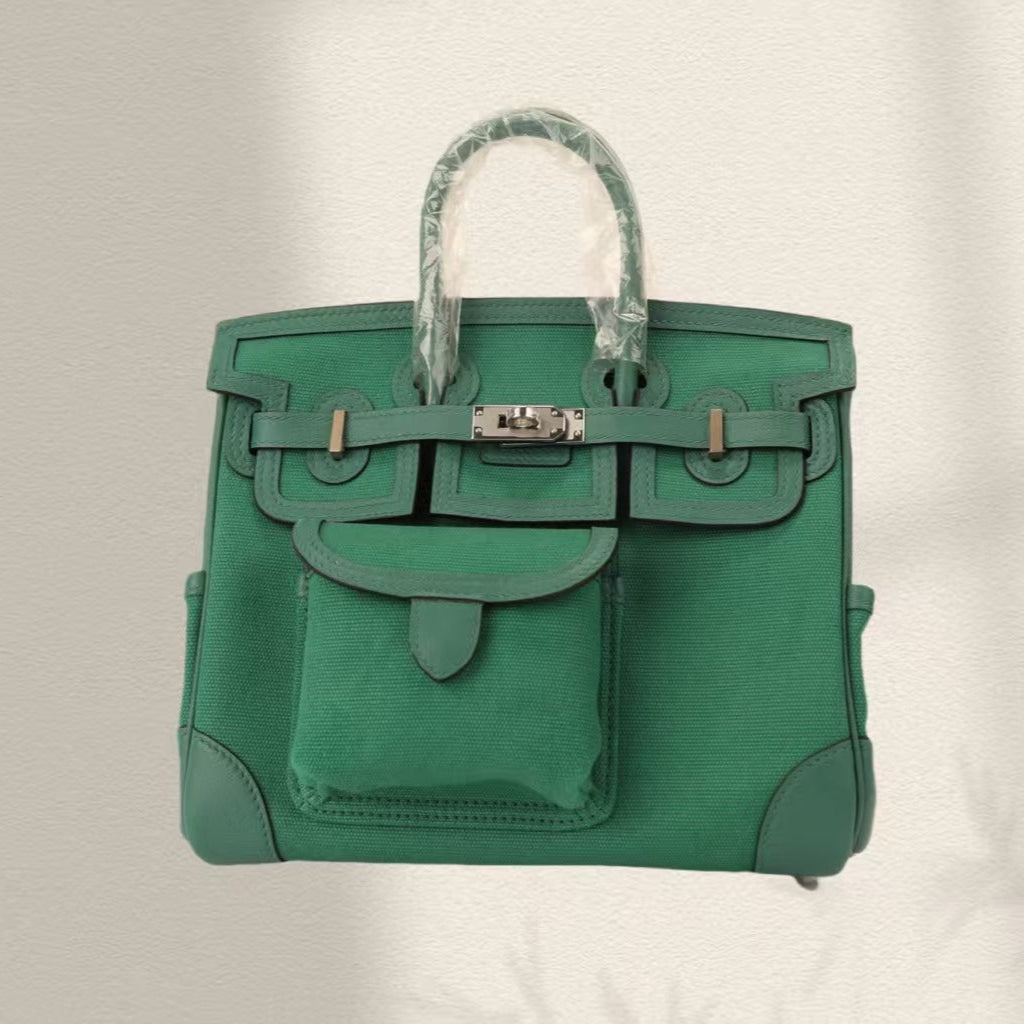 BIRKIN CARGO 25CM GREEN CANVAS AND LEATHER SILVER HARDWARE