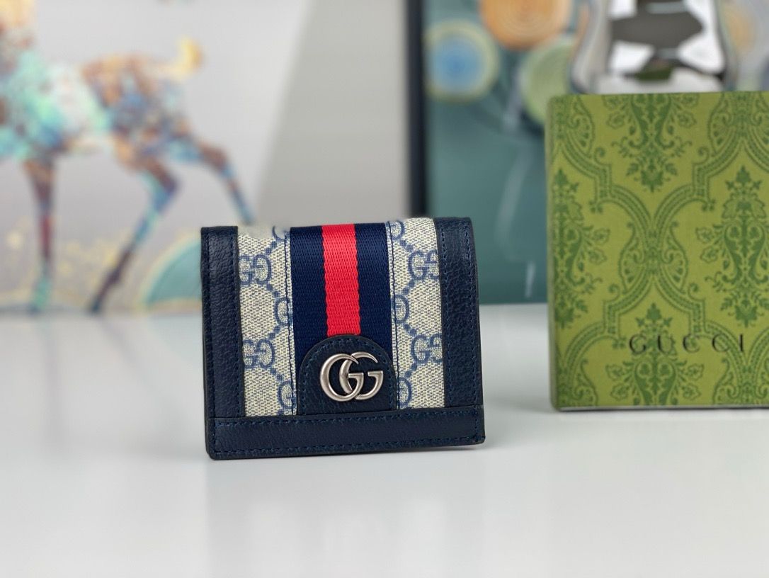 OPHIDIA GG 12 CARD CASE NAVY BLUE CANVAS