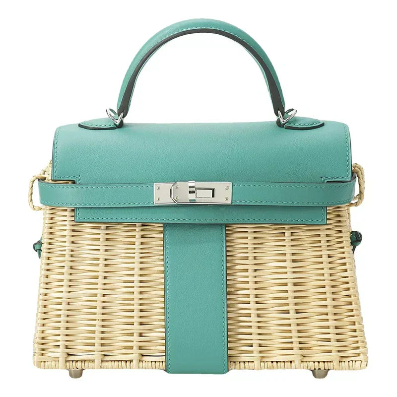 KELLY 20CM JAUNE DE NAPLES SWIFT IN TURQUOISE LEATHER AND WICKER SILVER HARDWARE