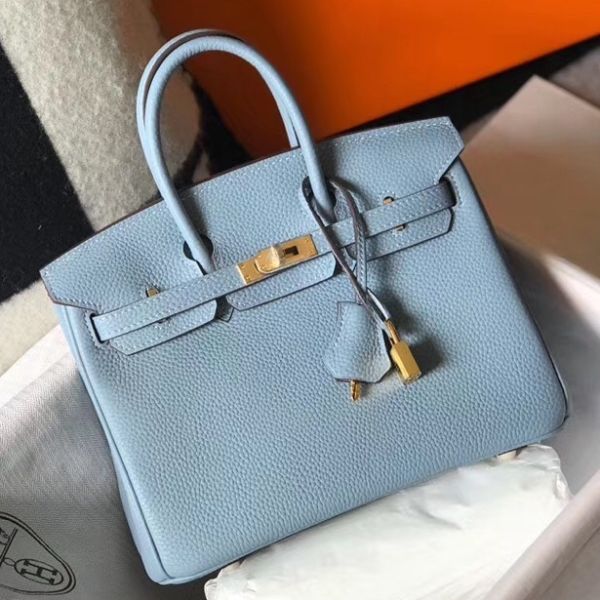 HERM Birkin 25cm Bag In Blue Lin Clemence Leather GHW