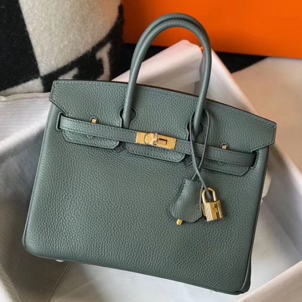 HERM Birkin 25cm Bag In Vert Amande Clemence Leather GHW