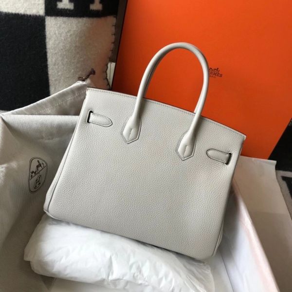 HERM Birkin 30cm Bag In Pearl Grey Clemence Leather GHW