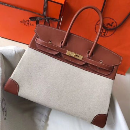 HERM Birkin 35cm Canvas Bag With Barenia Leather GHW