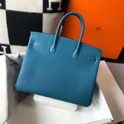 HERM Birkin 35cm Bag In Blue Jean Clemence Leather GHW