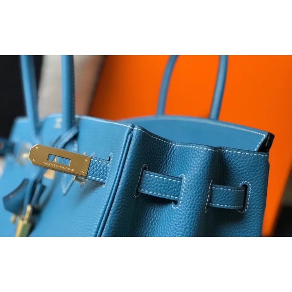 HERM Birkin 35cm Bag In Blue Jean Clemence Leather GHW