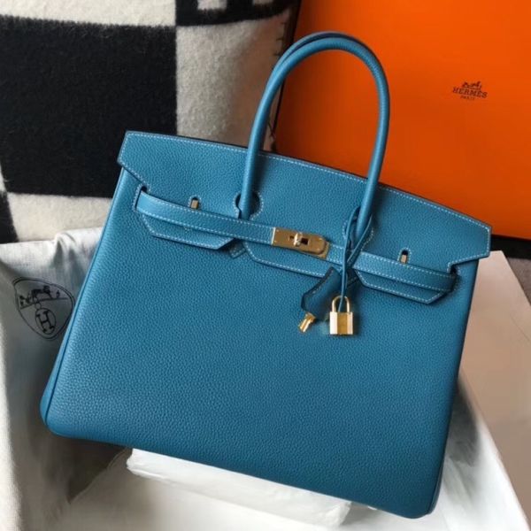 HERM Birkin 35cm Bag In Blue Jean Clemence Leather GHW