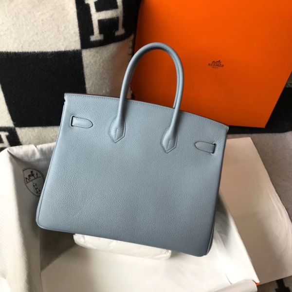 HERM Birkin 35cm Bag In Blue Lin Clemence Leather GHW
