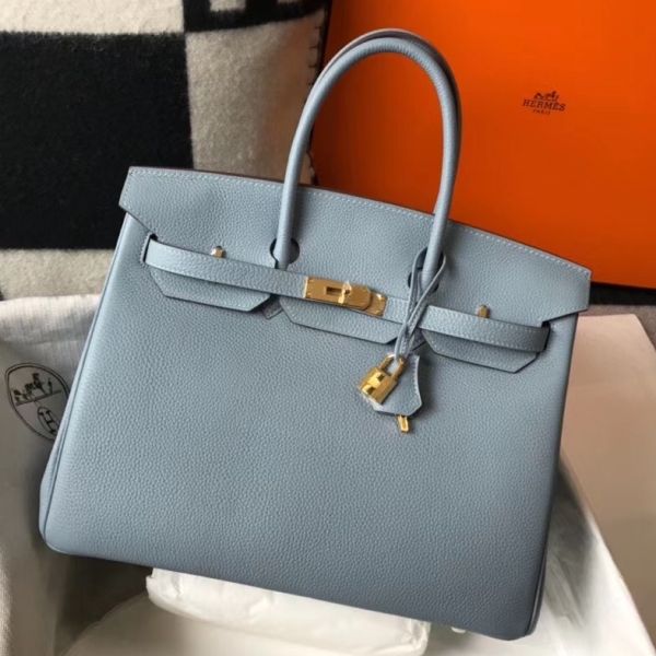 HERM Birkin 35cm Bag In Blue Lin Clemence Leather GHW