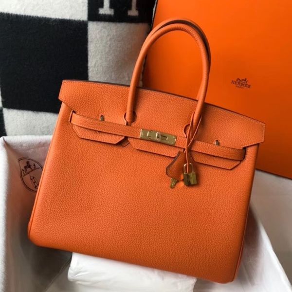 HERM Birkin 35cm Bag In Orange Clemence Leather GHW