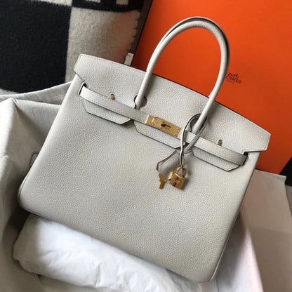 HERM Birkin 35cm Bag In Pearl Grey Clemence Leather GHW