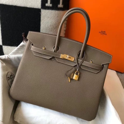 HERM Birkin 35cm Bag In Taupe Grey Clemence Leather GHW