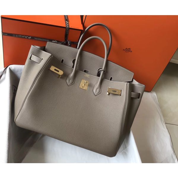 HERM Birkin 35cm Bag In Gris Tourterelle Clemence Leather GHW