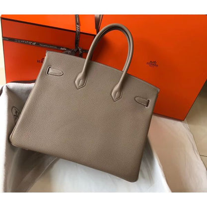 HERM Birkin 35cm Bag In Gris Tourterelle Clemence Leather GHW