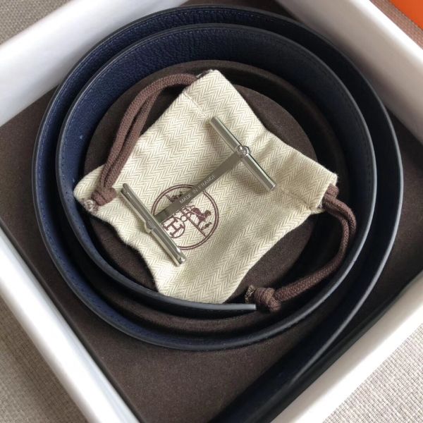 HERM H d'Ancre Reversible Belt In Sapphire/Ardoise Leather