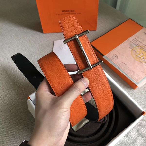 HERM H d'Ancre Reversible Belt In Orange/Noir Leather