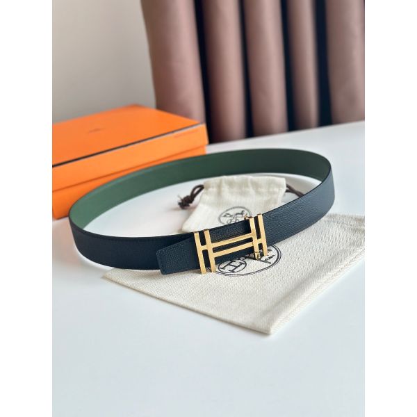 HERM H au Carre Reversible Belt 32MM in Green and Black Epsom Leather
