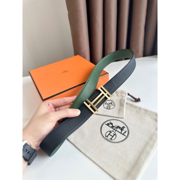 HERM H au Carre Reversible Belt 32MM in Green and Black Epsom Leather