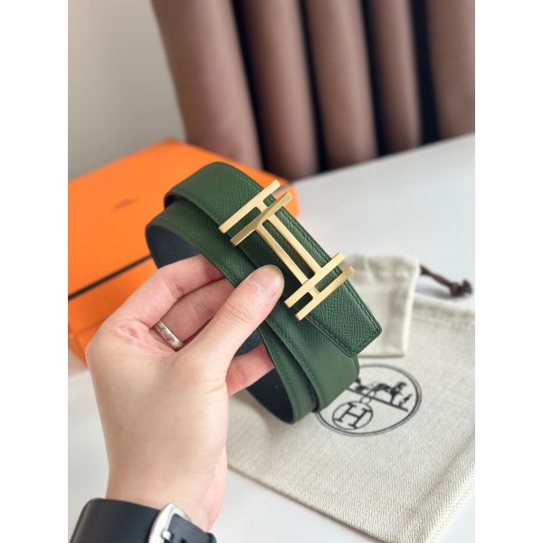 HERM H au Carre Reversible Belt 32MM in Green and Black Epsom Leather