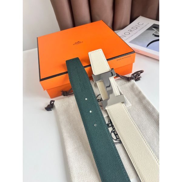 HERM Constance Reversible Belt 38MM in Green and Craie Epsom Calfskin