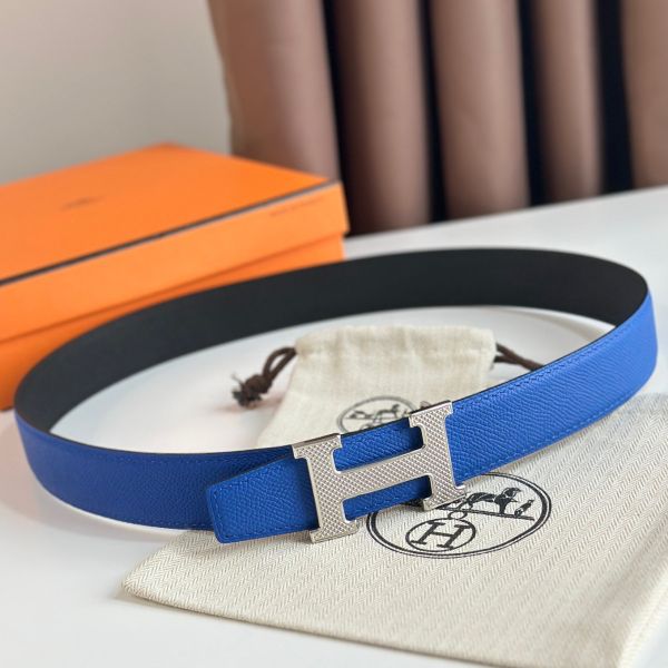 HERM H Guillochee Reversible Belt 32MM in Black and Blue Epsom Calfskin