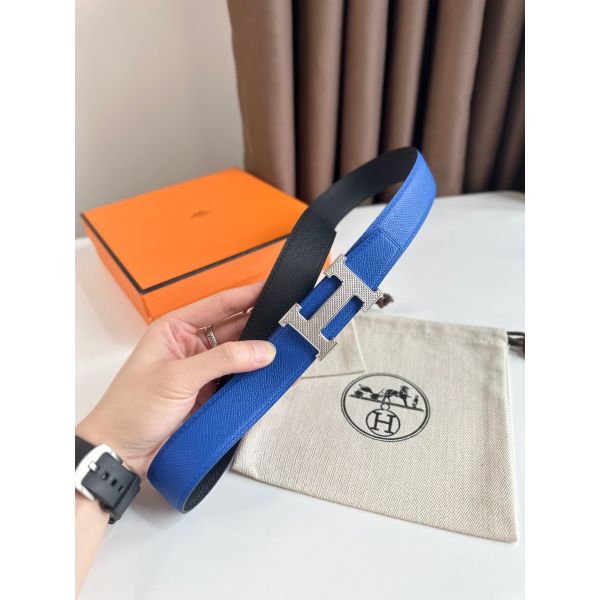 HERM H Guillochee Reversible Belt 32MM in Black and Blue Epsom Calfskin