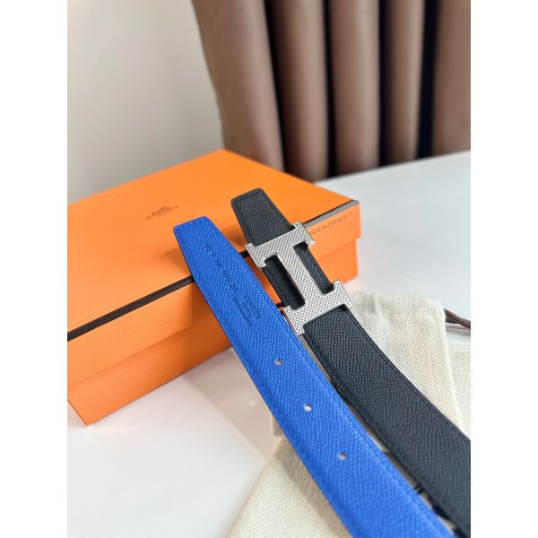 HERM H Guillochee Reversible Belt 32MM in Black and Blue Epsom Calfskin