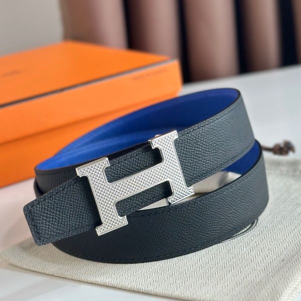 HERM H Guillochee Reversible Belt 32MM in Black and Blue Epsom Calfskin