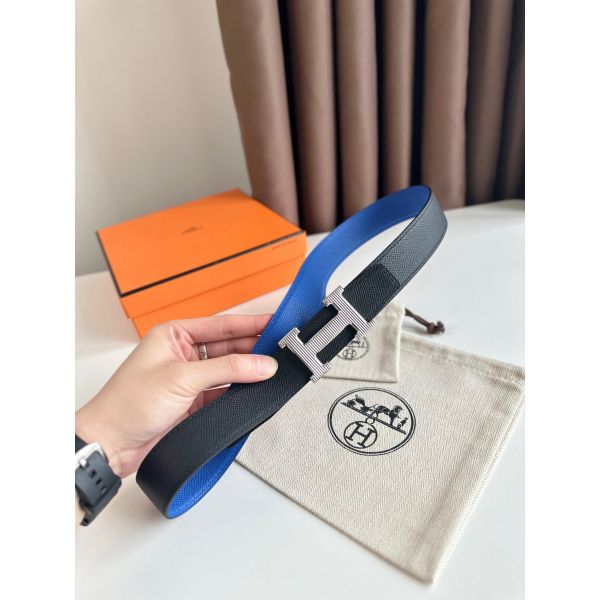 HERM H Striee Reversible Belt 32MM in Blue and Black Epsom Calfskin
