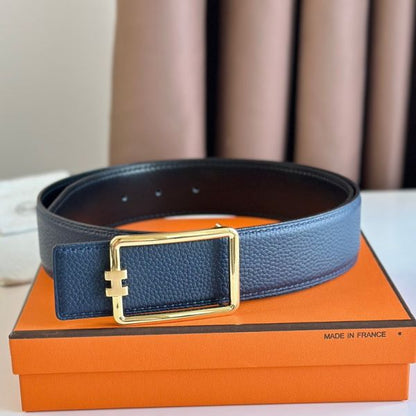 HERM Tube H Reversible Belt 38MM in Blue Clemence Leather