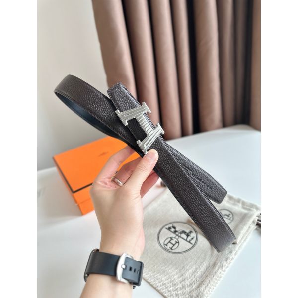 HERM H Take Off Reversible Belt 32MM in Chocolate Clemence Leather
