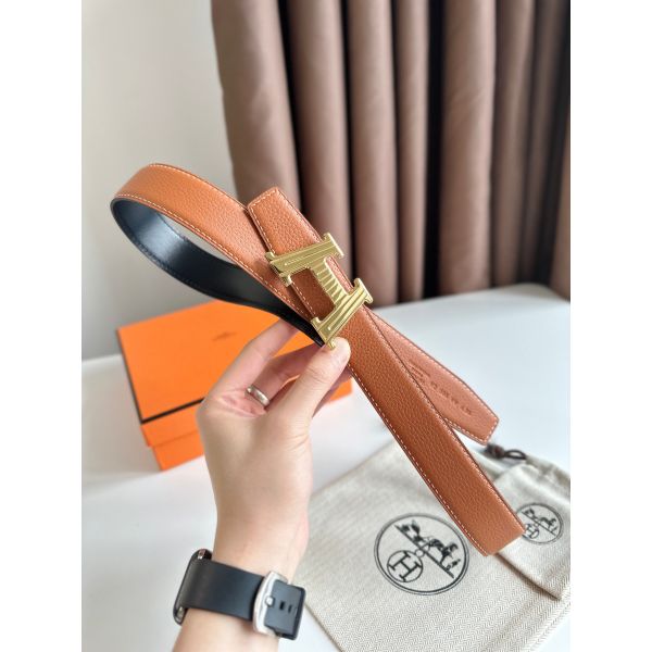 HERM H Take Off Reversible Belt 32MM in Gold Clemence Leather