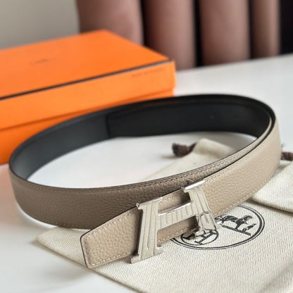 HERM H Take Off Reversible Belt 32MM in Grey Clemence Leather