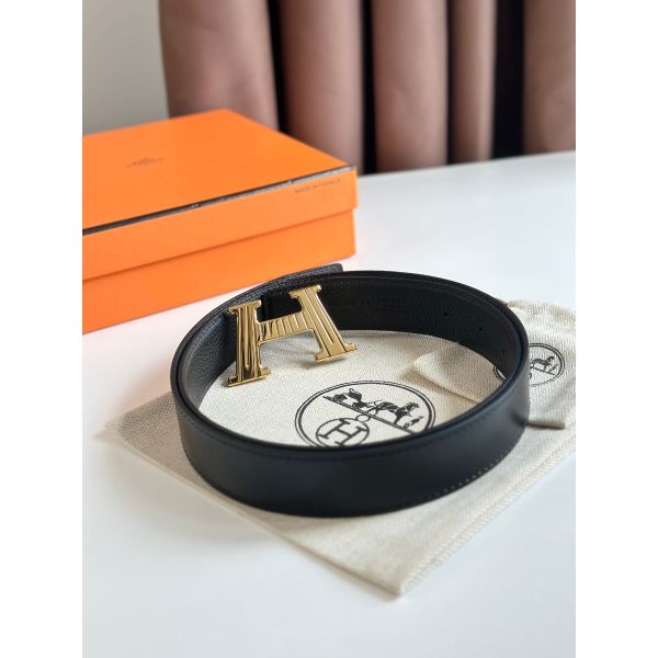 HERM H Take Off Reversible Belt 32MM in Black Clemence Leather