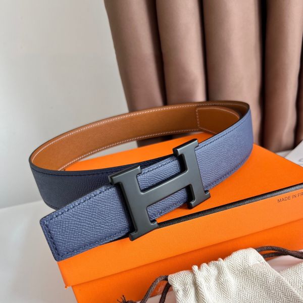 HERM H Reversible 38MM Belt with matte Buckle in Blue and Gold Epsom Leather