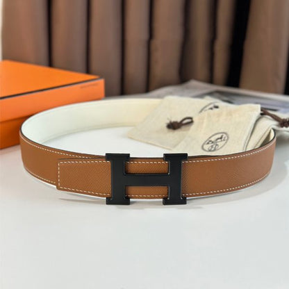 HERM H Reversible 38MM Belt with matte Buckle in White and Gold Epsom Leather