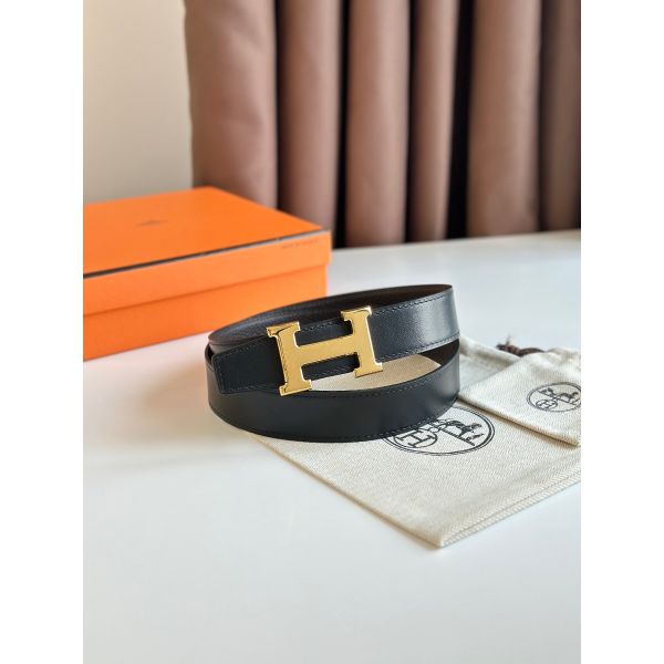 HERM H Reversible Belt 32MM in Chocolate Clemence Leather