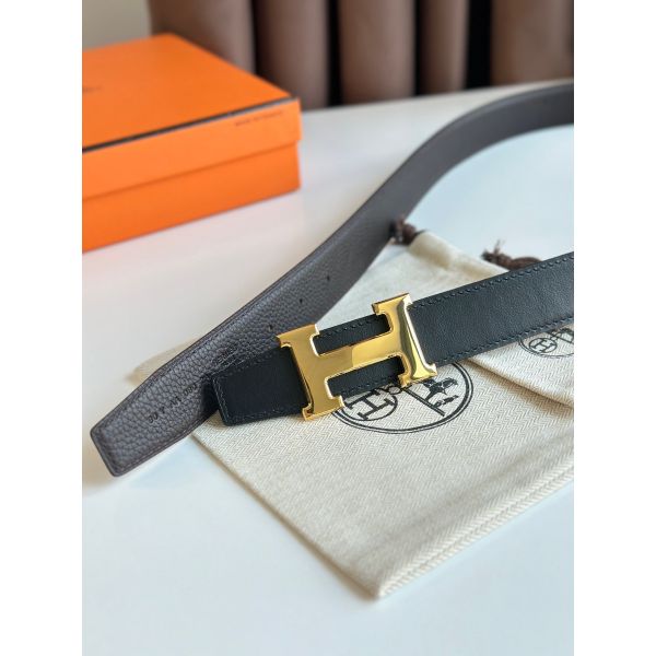 HERM H Reversible Belt 32MM in Chocolate Clemence Leather