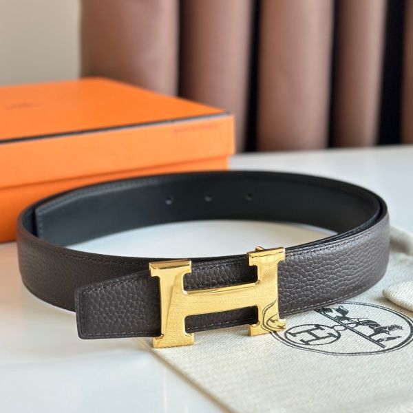 HERM H Reversible Belt 32MM in Chocolate Clemence Leather