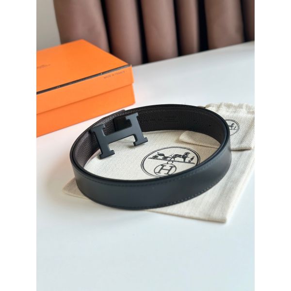 HERM H Reversible 32MM Belt with Matte Buckle in Chocolate Clemence Leather
