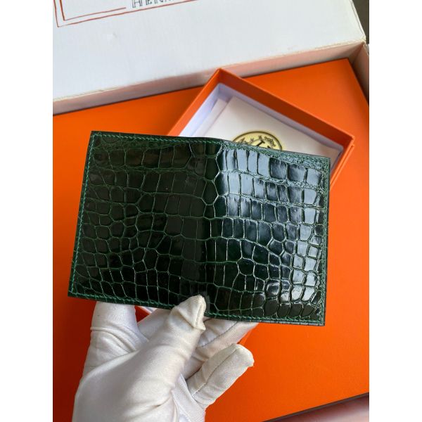 HERM MC¬≤ Euclide Card Holder in Vert Fonce Shiny Alligator Leather