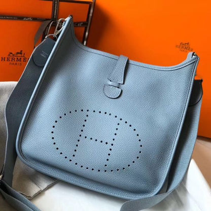 HERM Evelyne III 29 PM Bag In Blue Lin Clemence Leather