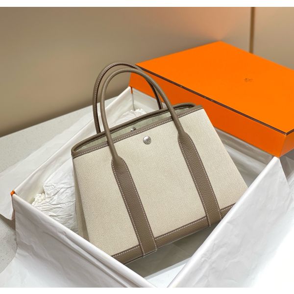 HERM Garden Party 30cm Bag in Toile and Taupe Leather