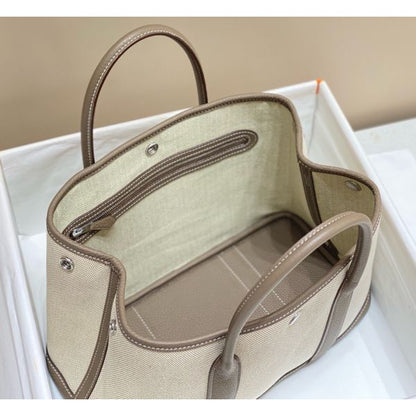 HERM Garden Party 30cm Bag in Toile and Taupe Leather
