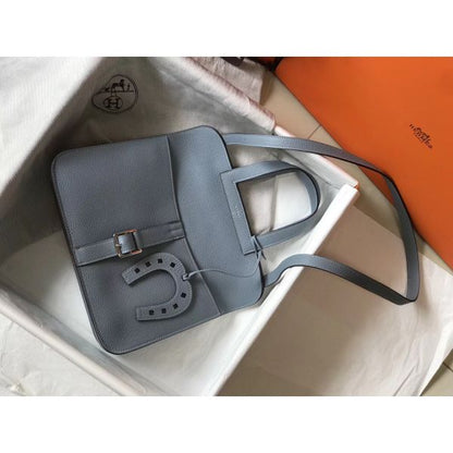 HERM Halzan 31cm Bag In Blue Lin Clemence Leather