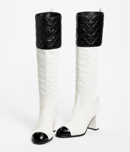 high boots white black velvet