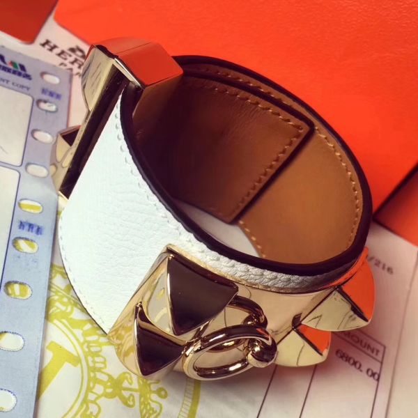 HERM White Epsom Collier de Chien Bracelet Size S