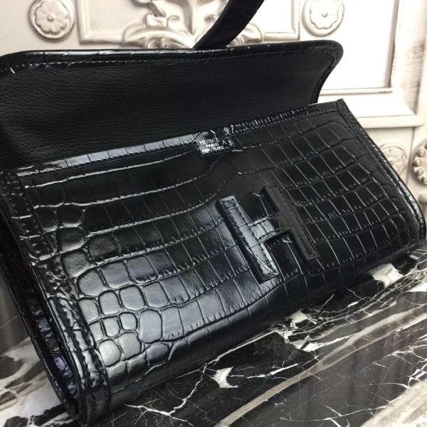 HERM Jige Elan 29 Clutch In Black Crocodile Leather