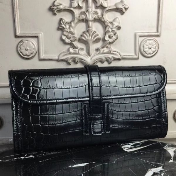 HERM Jige Elan 29 Clutch In Black Crocodile Leather