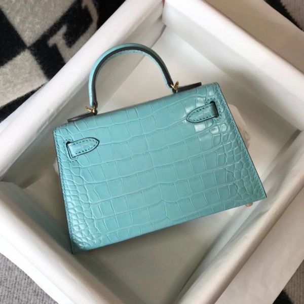 HERM Kelly Mini II Bag In Blue Atoll Embossed Crocodile Leather